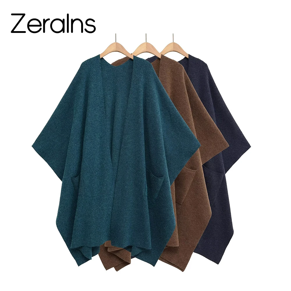 

ZERAINS Autumn new women's clothing French design casual style patch bag decoration long knitted cape jacket