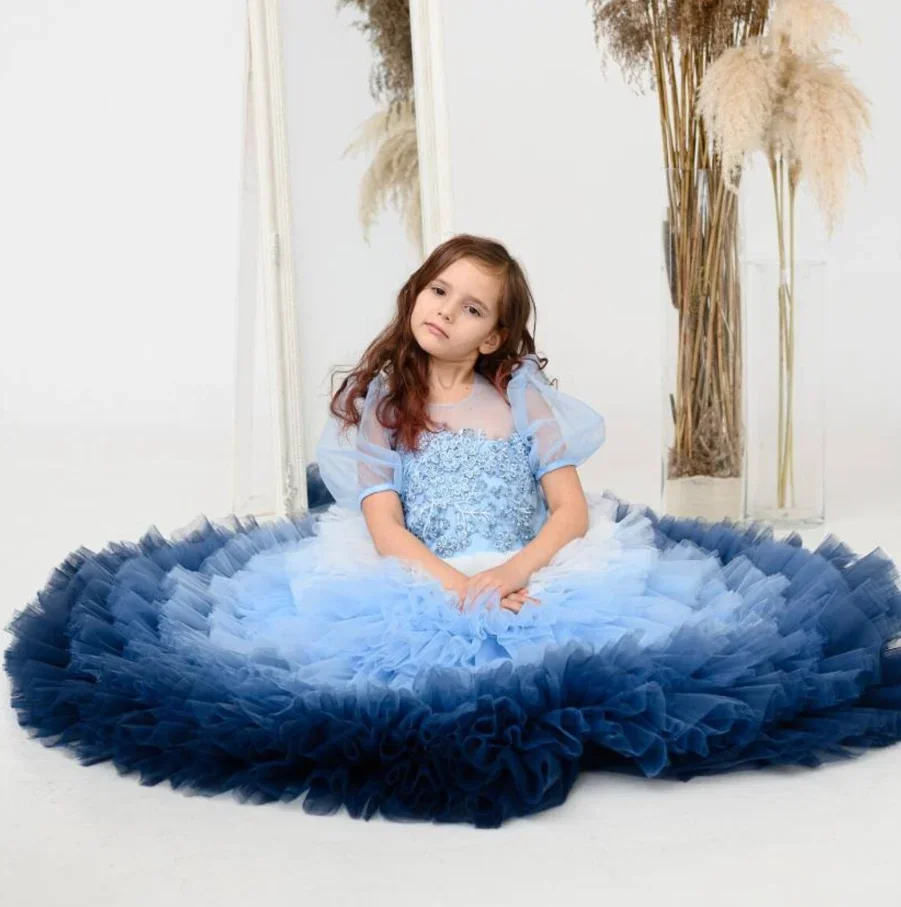 Cute Little Girls Flower Girl Dress Blue Tulle  Junior Bridesmaid Wedding Dresses for Girls Graduation Dress Party Prom Gowns