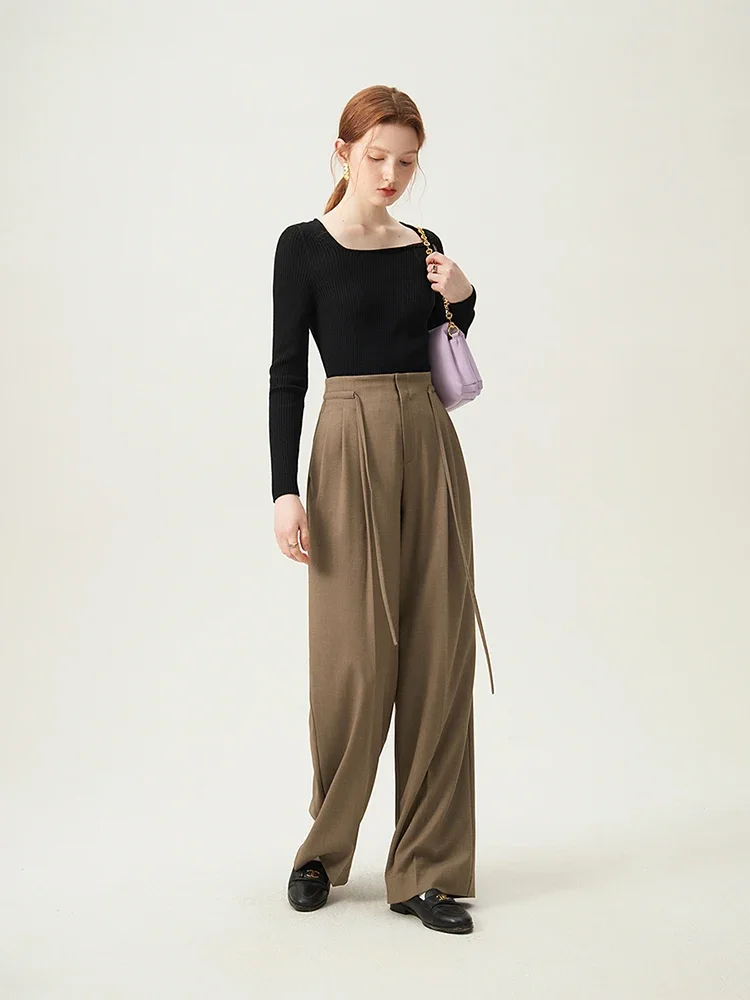 FSLE Designed Commuting Straight Casual Pants for Women 2024 Spring New Waist Drawstring Long Trousers Female 24FS11109