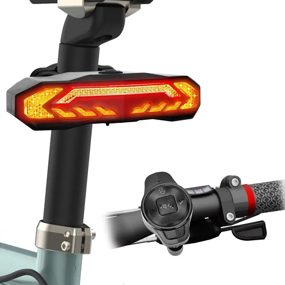 

Smart Rear Bicycle Light with Turn Signals, Brake, Wireless Horn, Alarm, Auto On/Off, USB-C Rechargeable, Waterproof Safety Back
