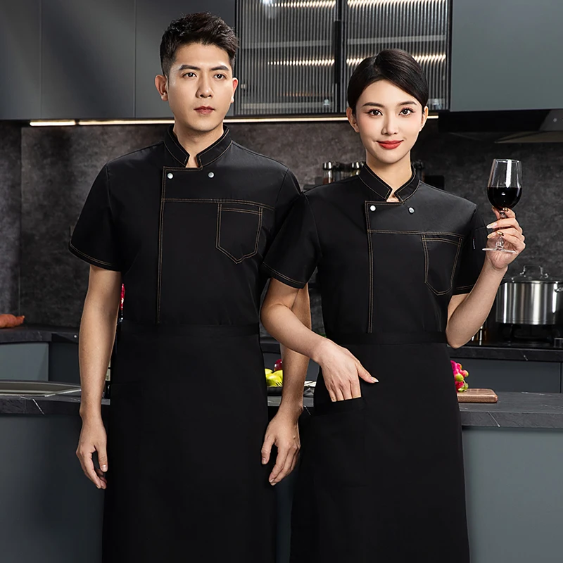 Men short sleeve Chef coat  Chef Jacket black uniform apron work clothes logo Chef shorts Summer Breathable Restaurant Kitchen