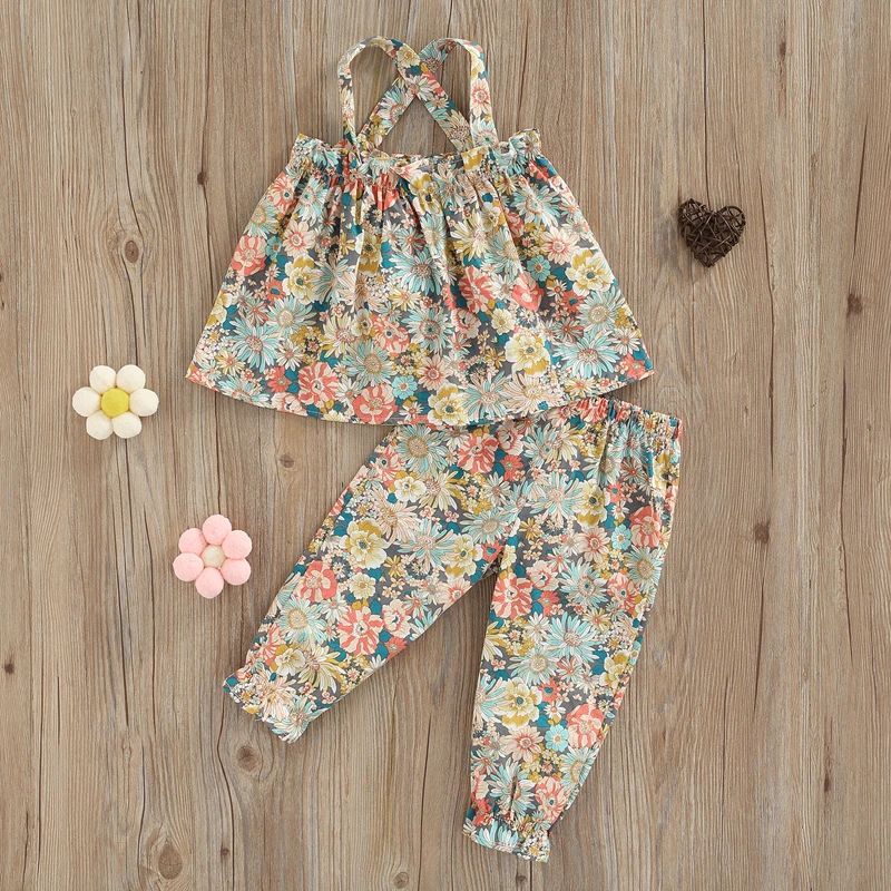 Fashion Toddler Girls Summer Outfit Clothing Sets Sleeveless Backless Floral Print Camisole + Elastic Band Floral Pants