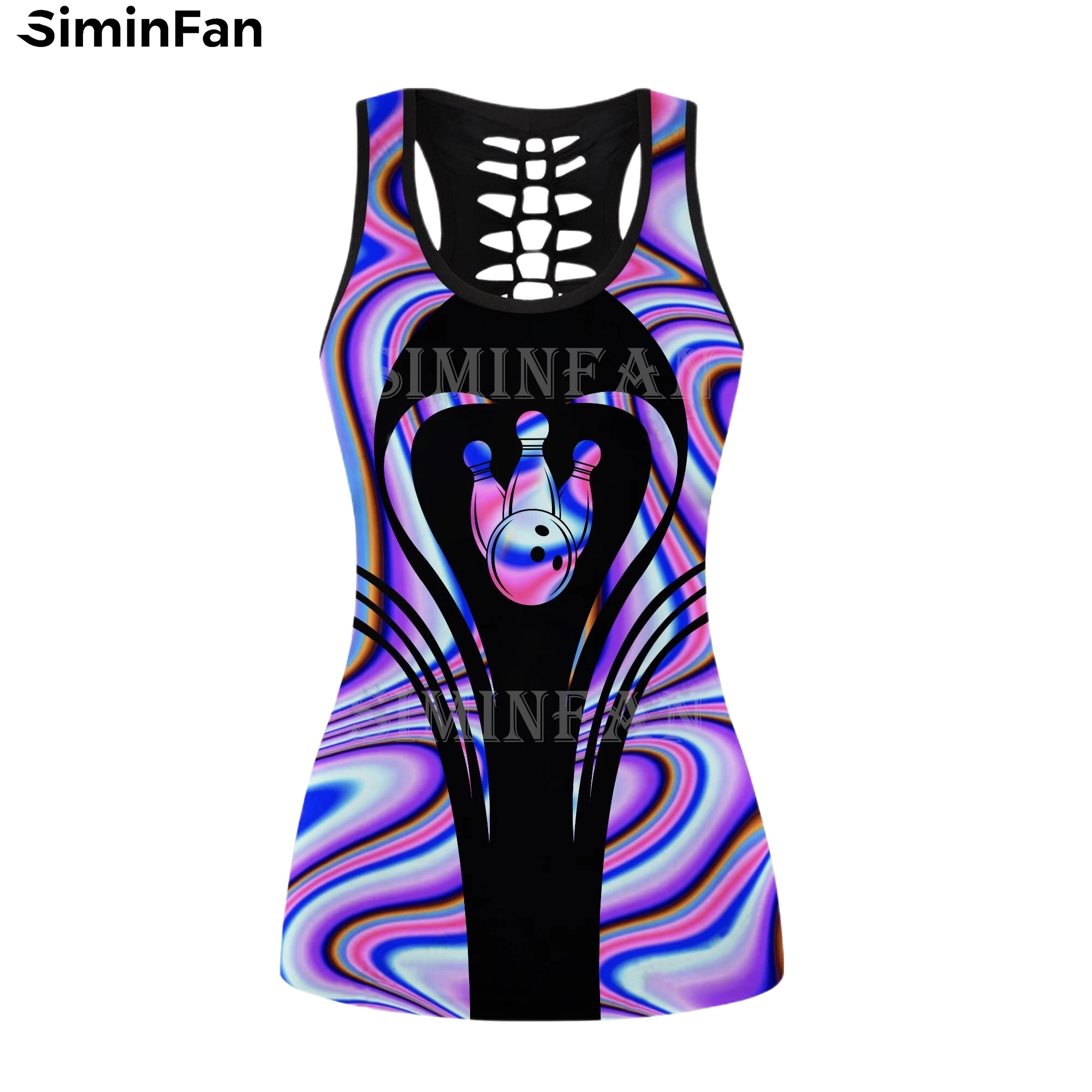 LOVE BOWLING 3D Printed Women Hollow Tank Top Legging Summer Casual Vest Pants Suit Two Piece Set Yoga Sportswear Female Outfit