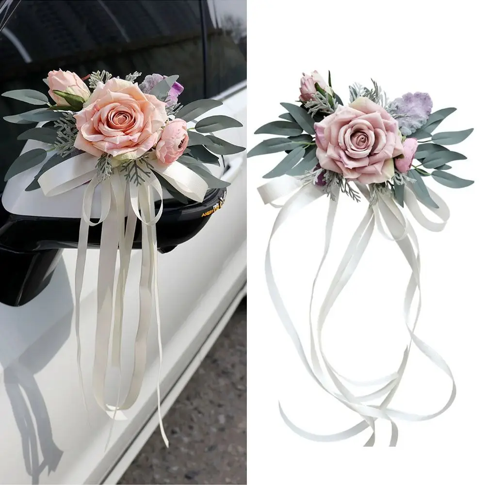 Creative Romantic Wedding Car Floral Ribbon Bridal Wedding Bow Decoration Flower Artificial Roses Ceremony Party Decor