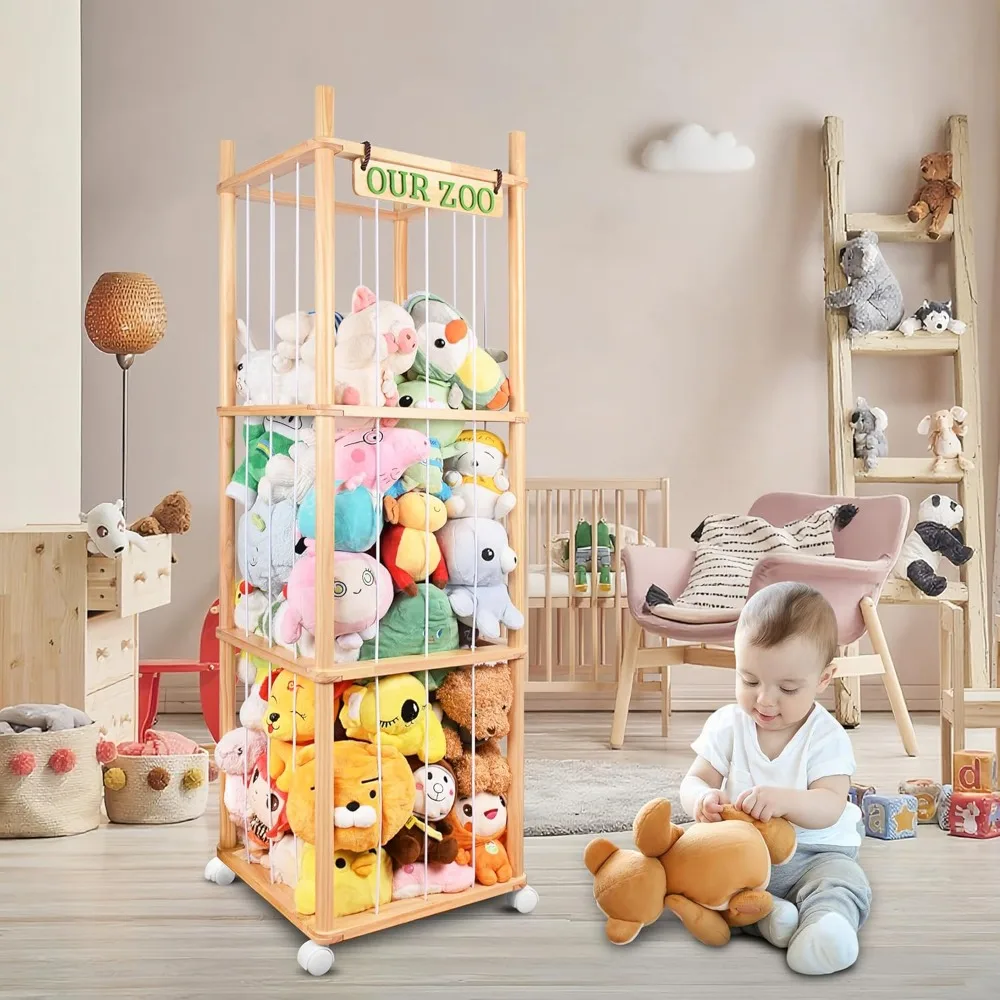 

Wooden Stuffed Animal Storage on Wheels Large Capacity Plush Toy Organizer with Elastic Bands for Playroom Bedroom