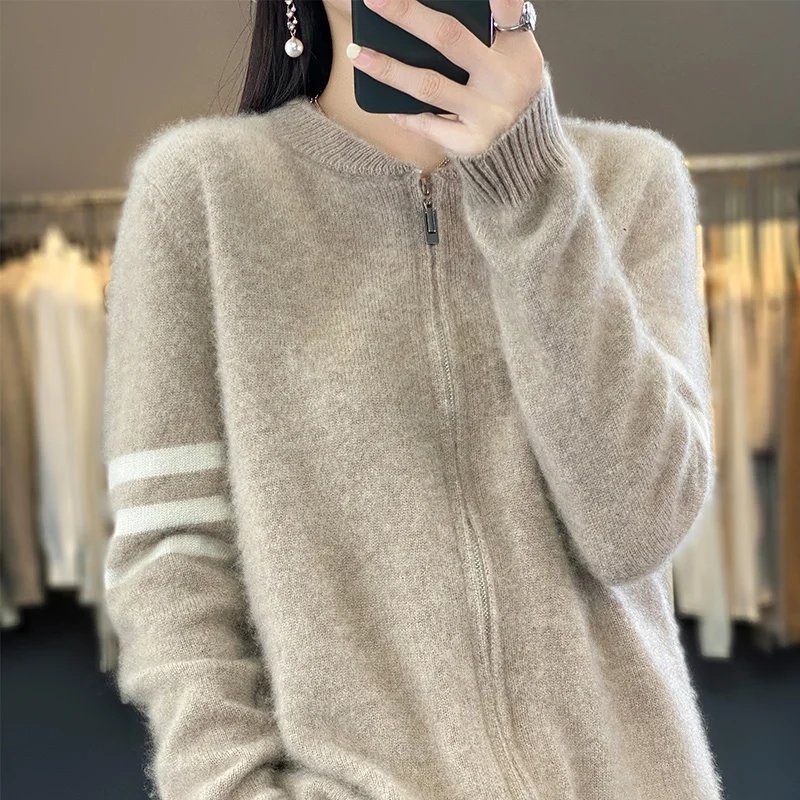 Sweater Women's Knitting Cardigan Clothing Autumn/Winter Casual Loose Top 100% Merino Wool Fashion Korean Large Zipper Jacket