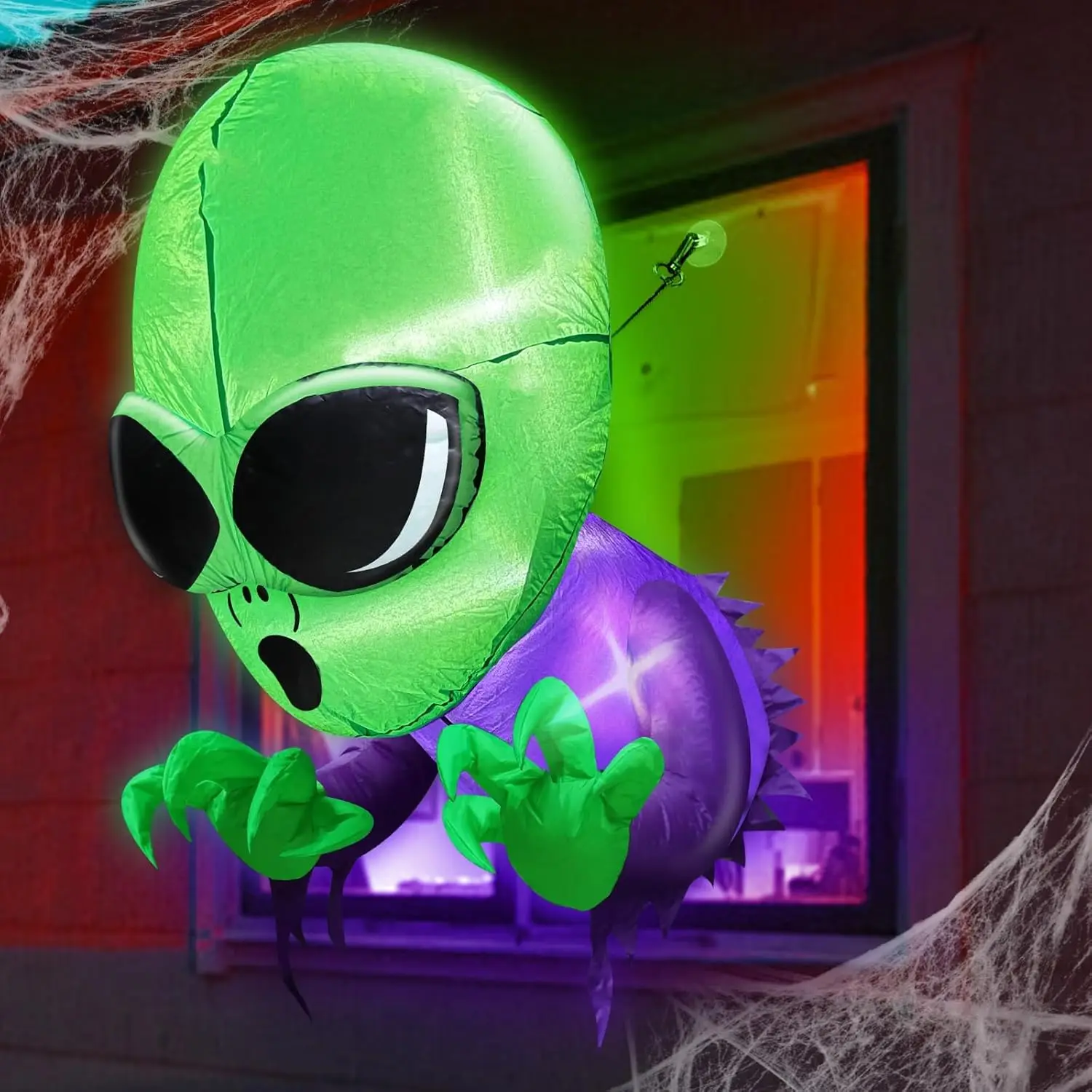 4 Ft Halloween Inflatables Outdoor Decorations Alien Broke Out from Window with Built-in LED Blow Up Toys for Scary Party Home