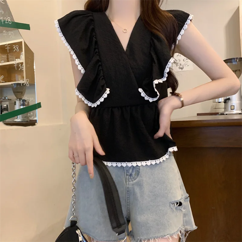 Koreaanse Chique Sweet Wit Shirt Met Vliegende Mouwen Vrouwen Slanke Elegante Blouse Damesmode 2023 Ruches Vintage Tops Dames 27460