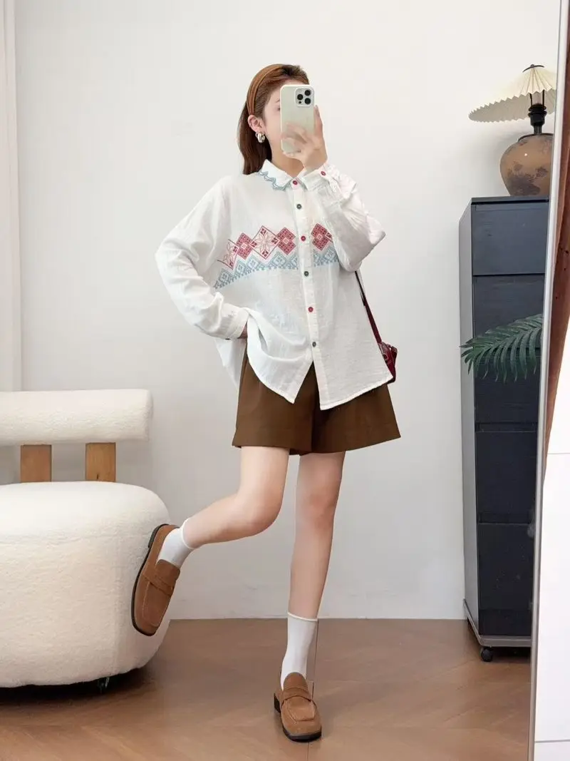 New 2026 Autumn Women Cotton Long Sleeve Shirt, Turn-down Collar Embroidery, Mori Girl Ethnic Style Chic Loose Blouse T68120CC view 6