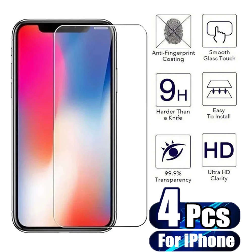 4Pcs Tempered Glass For iPhone 15 14 13 12 11 Pro Max Screen Protector For iPhone 13 12Mini 5 6 7 8 Plus X XS Max XR Glass Films