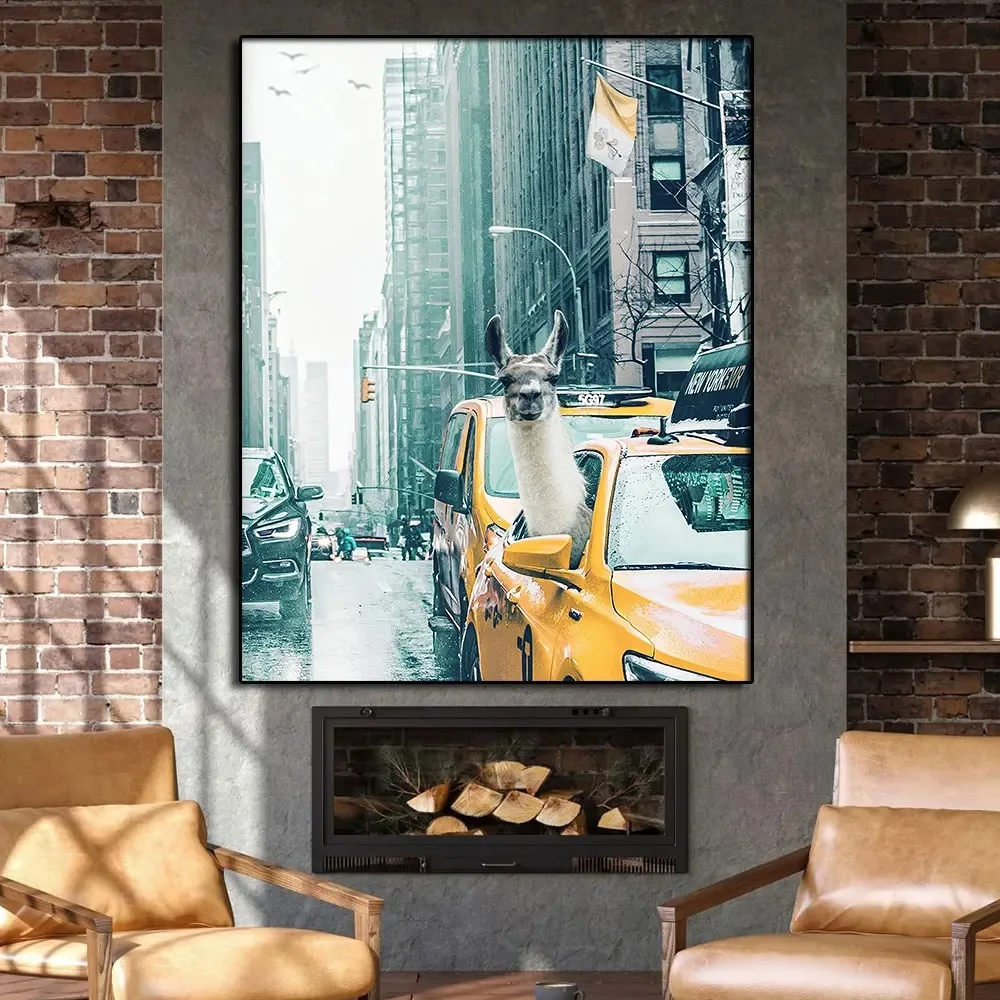 صورة قماشية لطيفة للحيوانات لتزيين غرف النوم الجامعية ، اللاما في سيارة الأجرة ، فن جداري ، ملصقات ومطبوعات جدارية للسكن ، لوحة بدون إطار للسكن