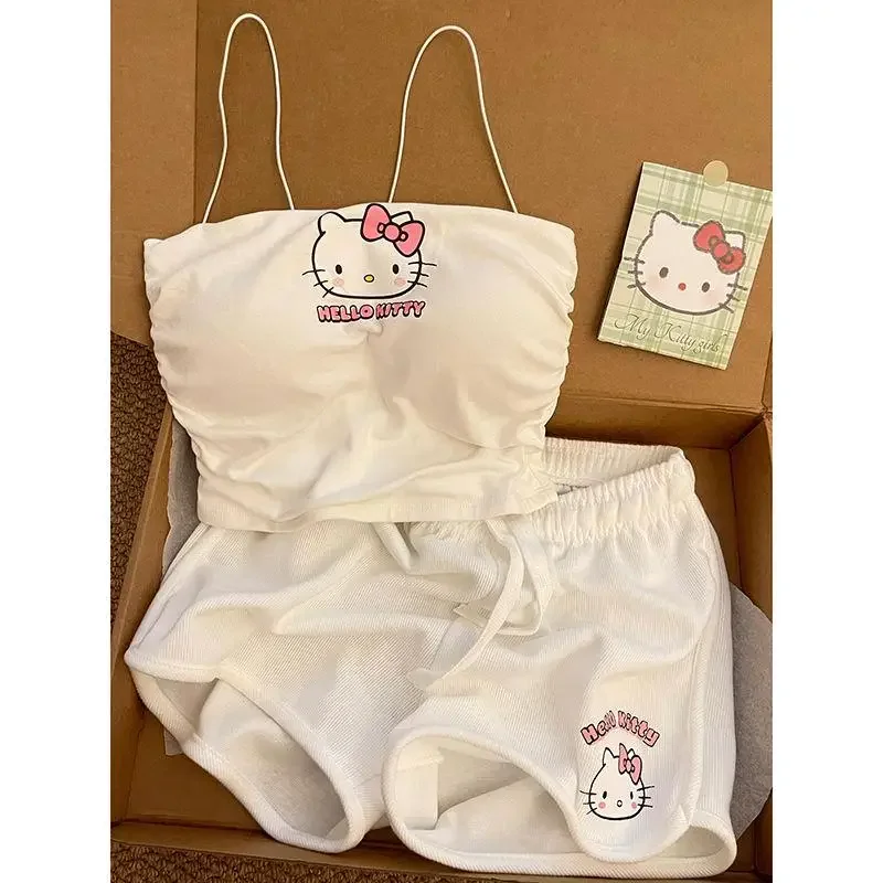 

Kawaii Sanrio Hello Kitty Woman Pajamas Sets Cute Cartoon Summer New Suspender Shorts Outdoor Home Clothing Set Gift