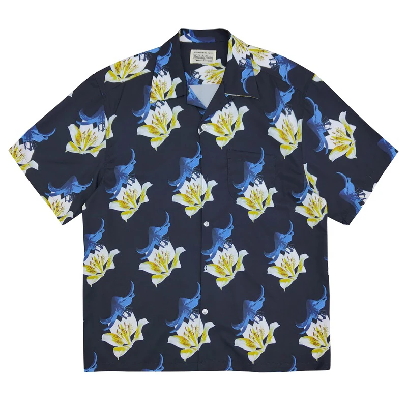 

Summer WACKO MARIA Aloha Shirt Streetwear Black Lily Print Hawaiian Shirt Men Casual Short Sleeves