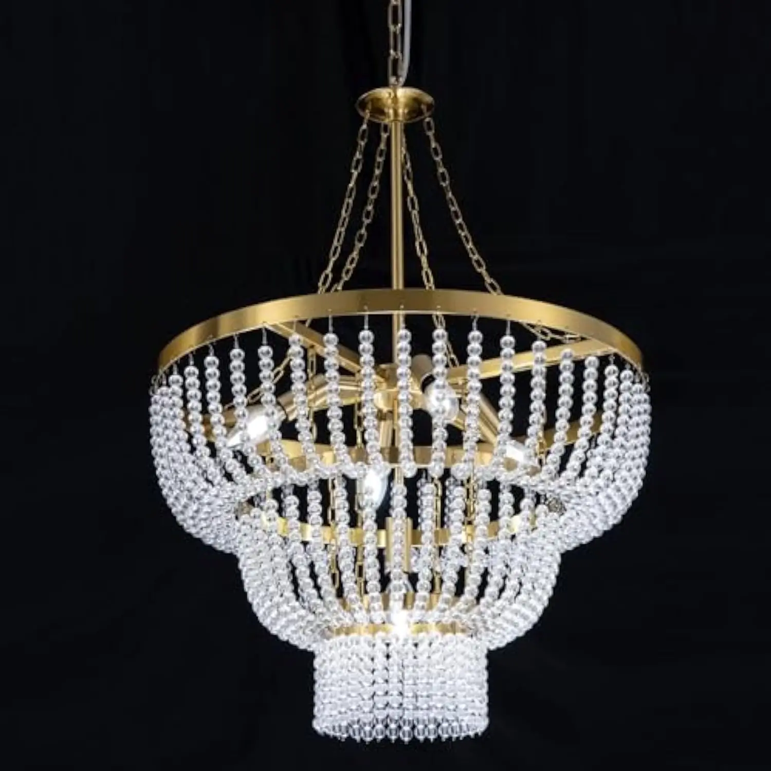 

Gold Chandelier Light 20 英寸, Modern Round Crystal Chandeliers for Dining Room, 3 Tiers Boho Beaded Lighting Fixture Ceiling