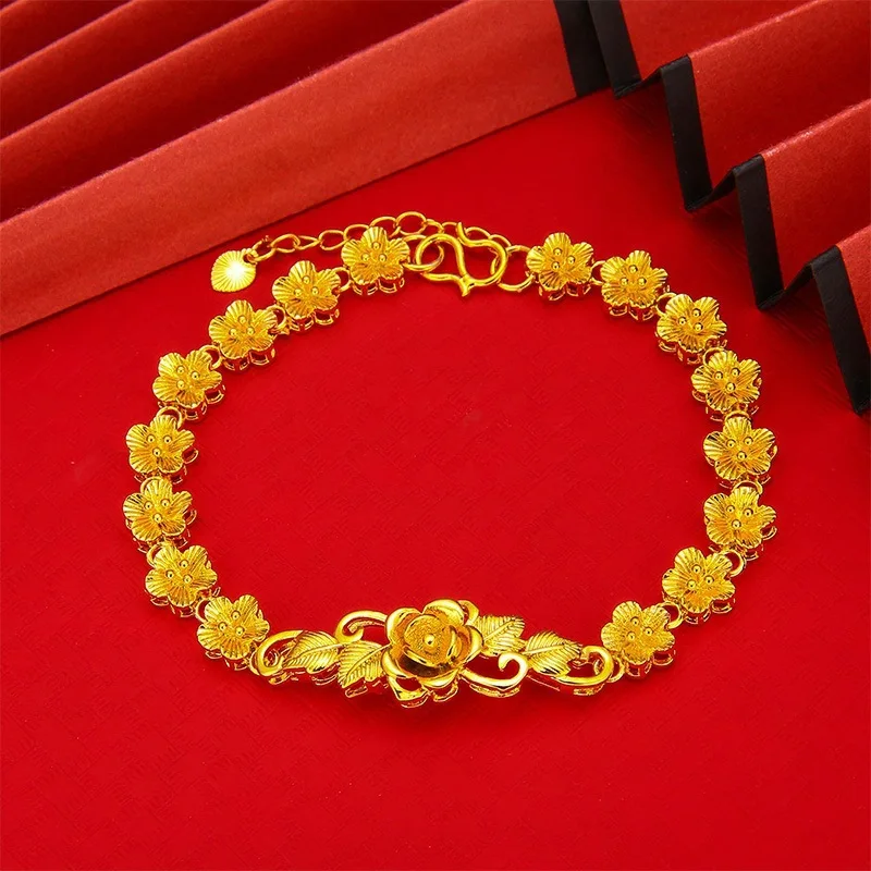 Plated Color 24K Real Gold Bracelet Female Plated Gold Non-fading Jewelry 18K Gold Flower Bracelet Women's Gifts Wife Girlfr