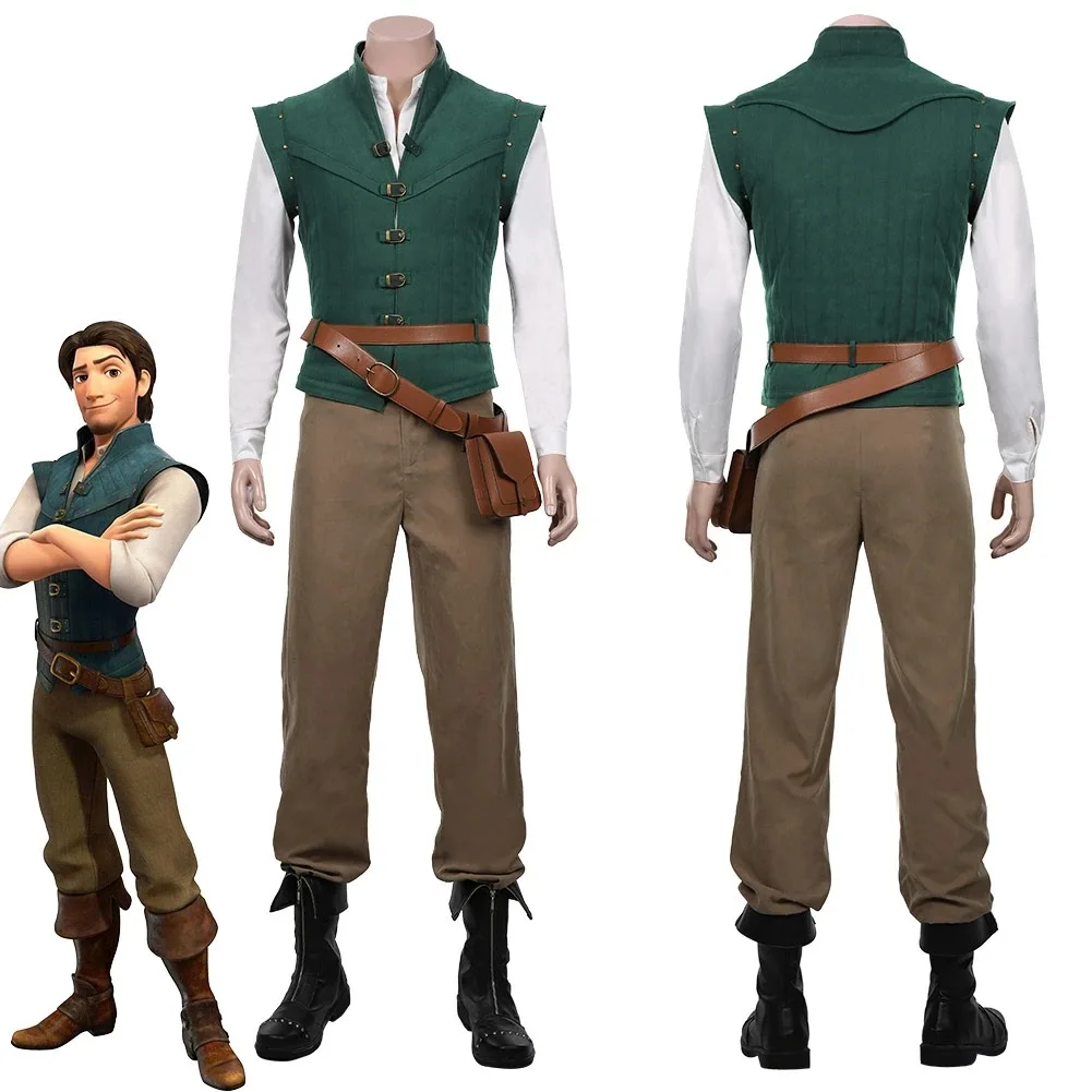 Flynn Rider Cosplay Costume Green Vest White Shirt  Brown Pant Adult Carnival Uniform Anime Halloween Costumes for Man