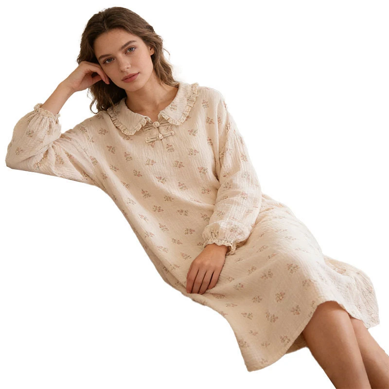 Women's 100% Cotton Double Layer Gauze Nightgown 2026 Spring New  Soft Nightdress Sweet Lace Peter Pan Collar Loose Sleep Dress