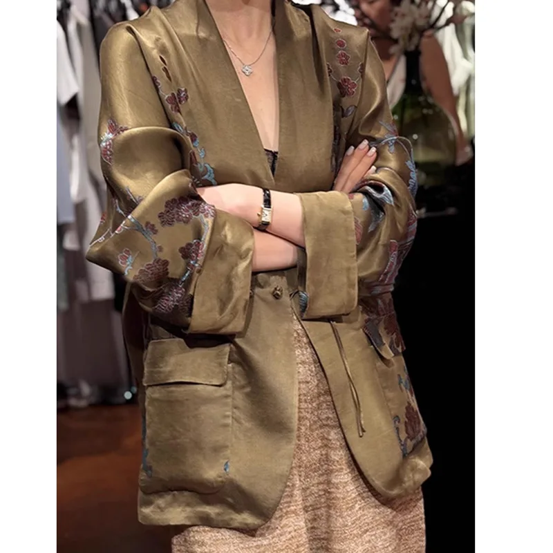 

New Chinese style Chinese style, niche, light luxury, retro, high-end, super beautiful, coffee colored printed jacket for women
