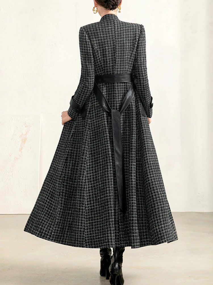 Pop Women Black Houndstooth Woolen Coat Spring Autumn Fashion Hepburn Style Stand Collar Slim Long Plaid Wool Blends Overcoat