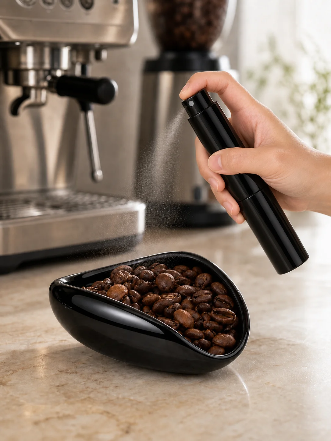 Leeseph Kaffeebohnen-Dosierbecher und Sprühflaschen-Set für Bar, statische Reduzierung, Keramik-Einzeldoschtablett, Barista-Zubehör-Set