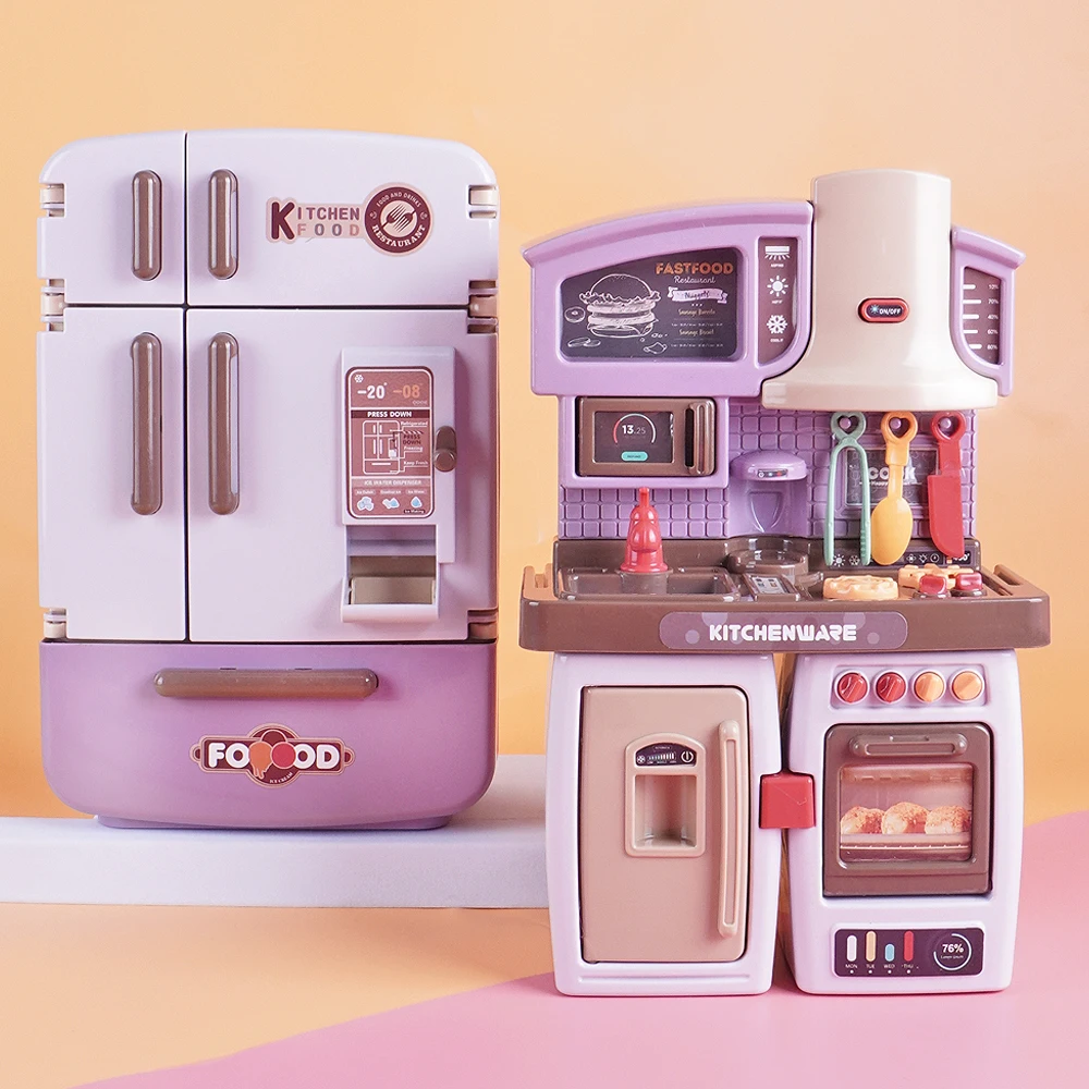 Mini mesa de comedor de comida 2 en 1, tablero de cocina, horno, nevera con efecto de sonido ligero, juego de simulación para el hogar, juguete para regalo de cocina DIY