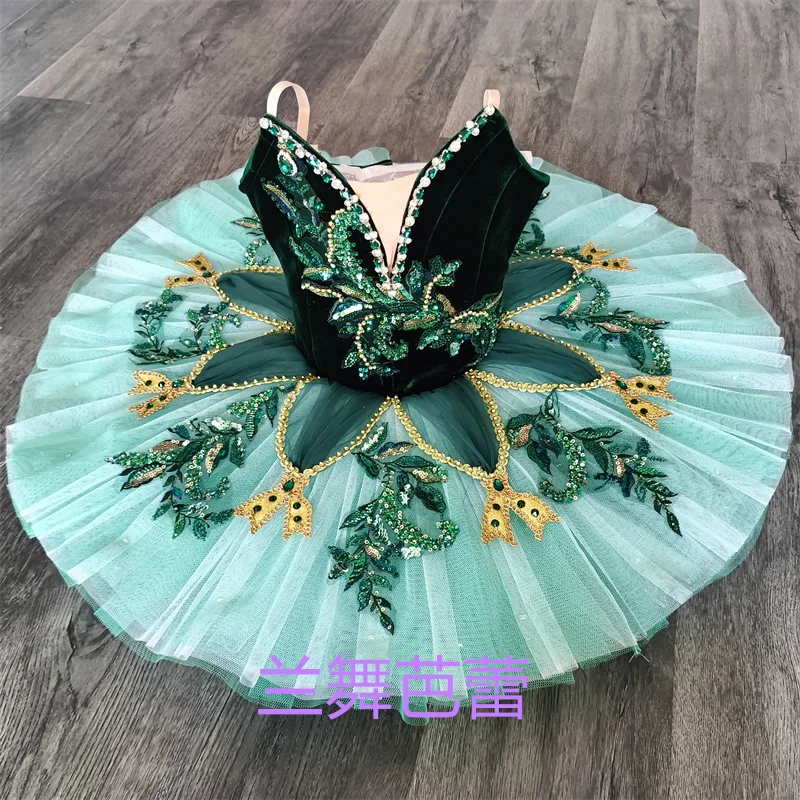 

New Coming Professional Custom Size Kids Girls Women Adult Competition Performance Wear Velvet Green Ballet Tutu Dress