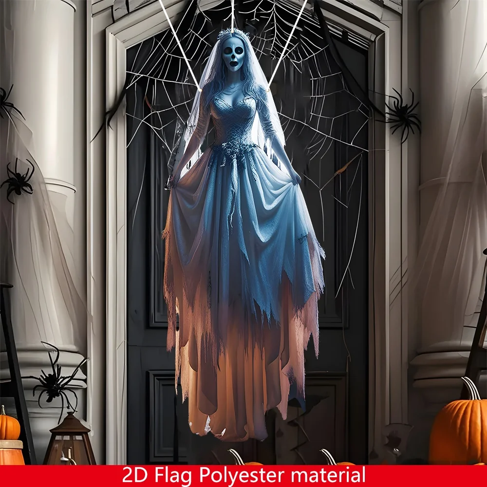 1 Stück Halloween-Skelett-Braut-Hängeflagge – Outdoor-/Indoor-Gothic-Dekoration, gruselige Braut mit Fledermäusen und Jack-O-Lanterns-Design – Detail 6