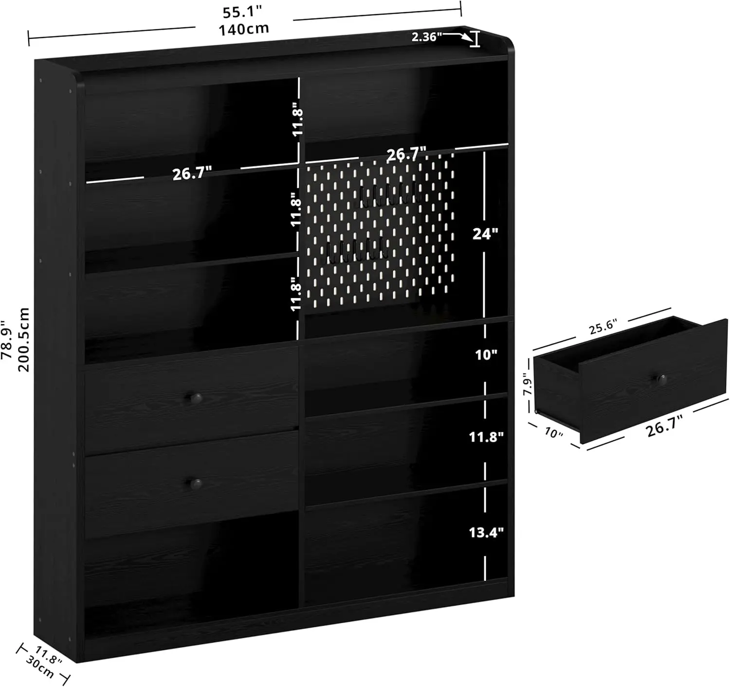 Bookshelf and Bookcase with Pegboard and Deep Drawer, 79