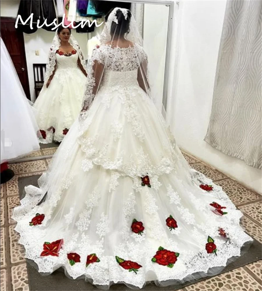 Mexican Emboridery Wedding Dress Plus Size Long Sleeve Lace Country Bridal Dress Elegant Celtic Gatsby Bride Gowns Customized