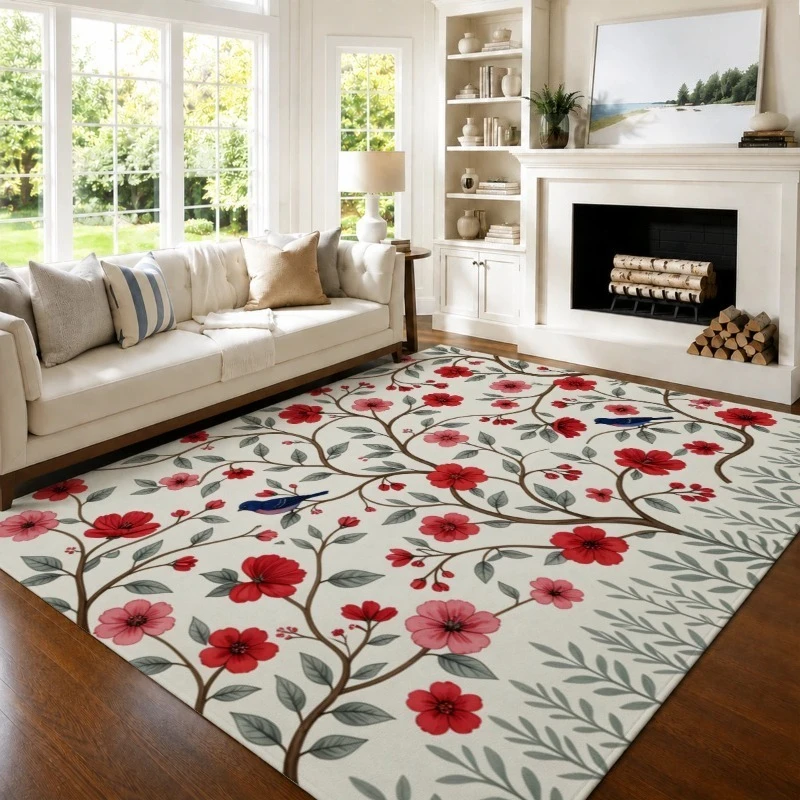 Magnolia Flower Bird Chinese Style Area Rug Ink Painting Art Carpet Floor Rug for Living Room Bedroom Apartment Decoration Gift