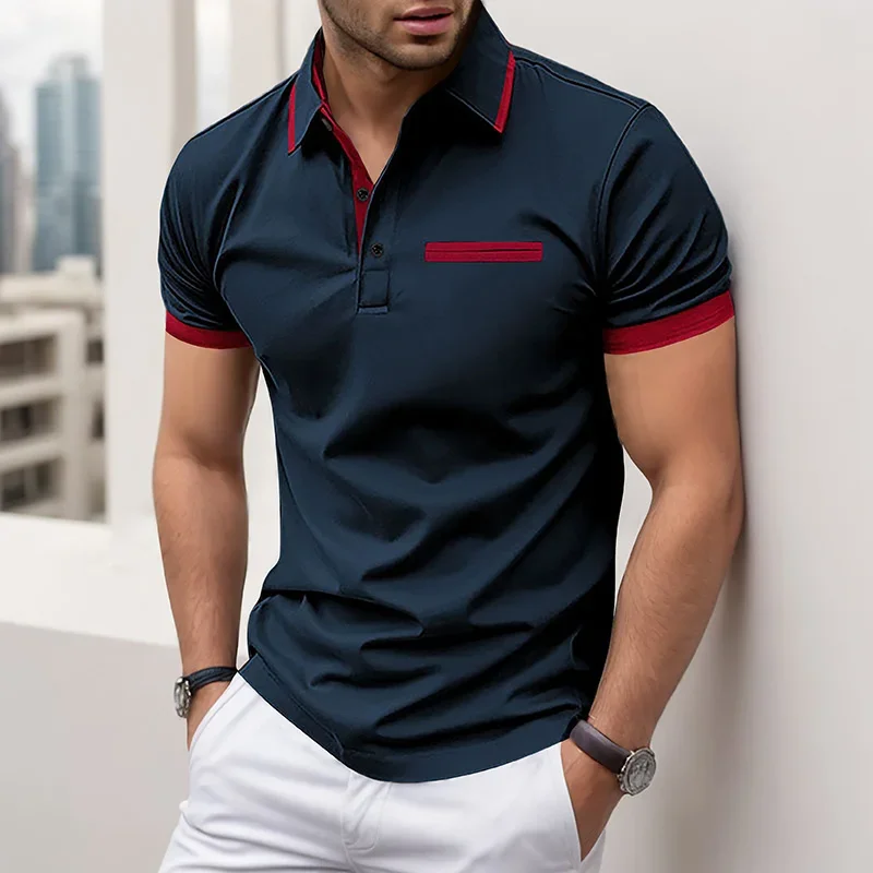 Summer New Men's Casual Short-Sleeved Breathable Polo Shirt Office Fashion Rowan Collar T-Shirt Men's Fake Pocket Polos Tee