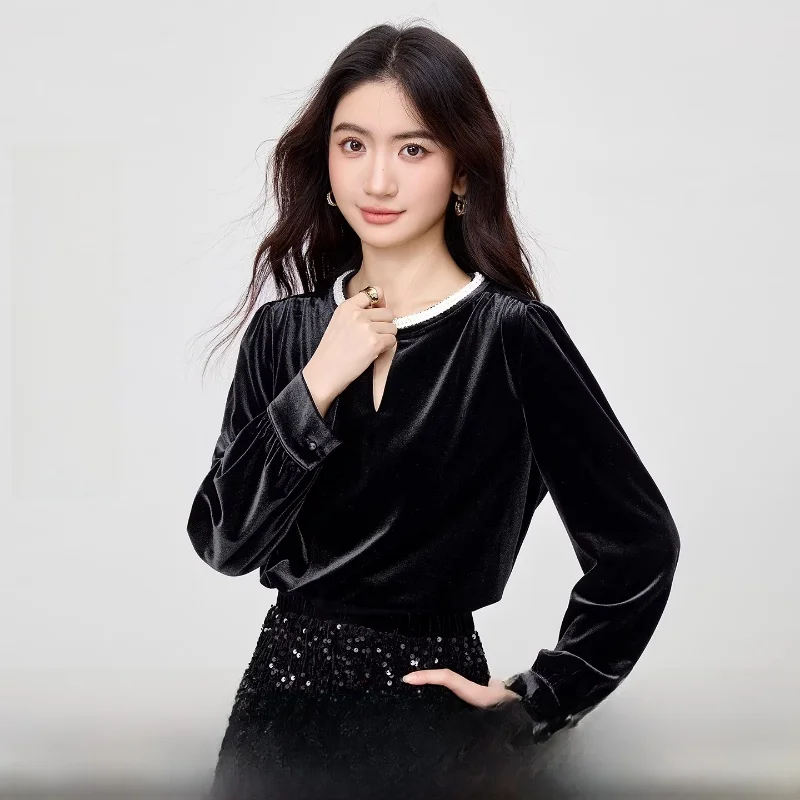 

Elegant Commuter Women's Velvet Hollow out Design round Neck Long Sleeve Fashion Top Polyester Fiber Straight Cut Daily Wear
