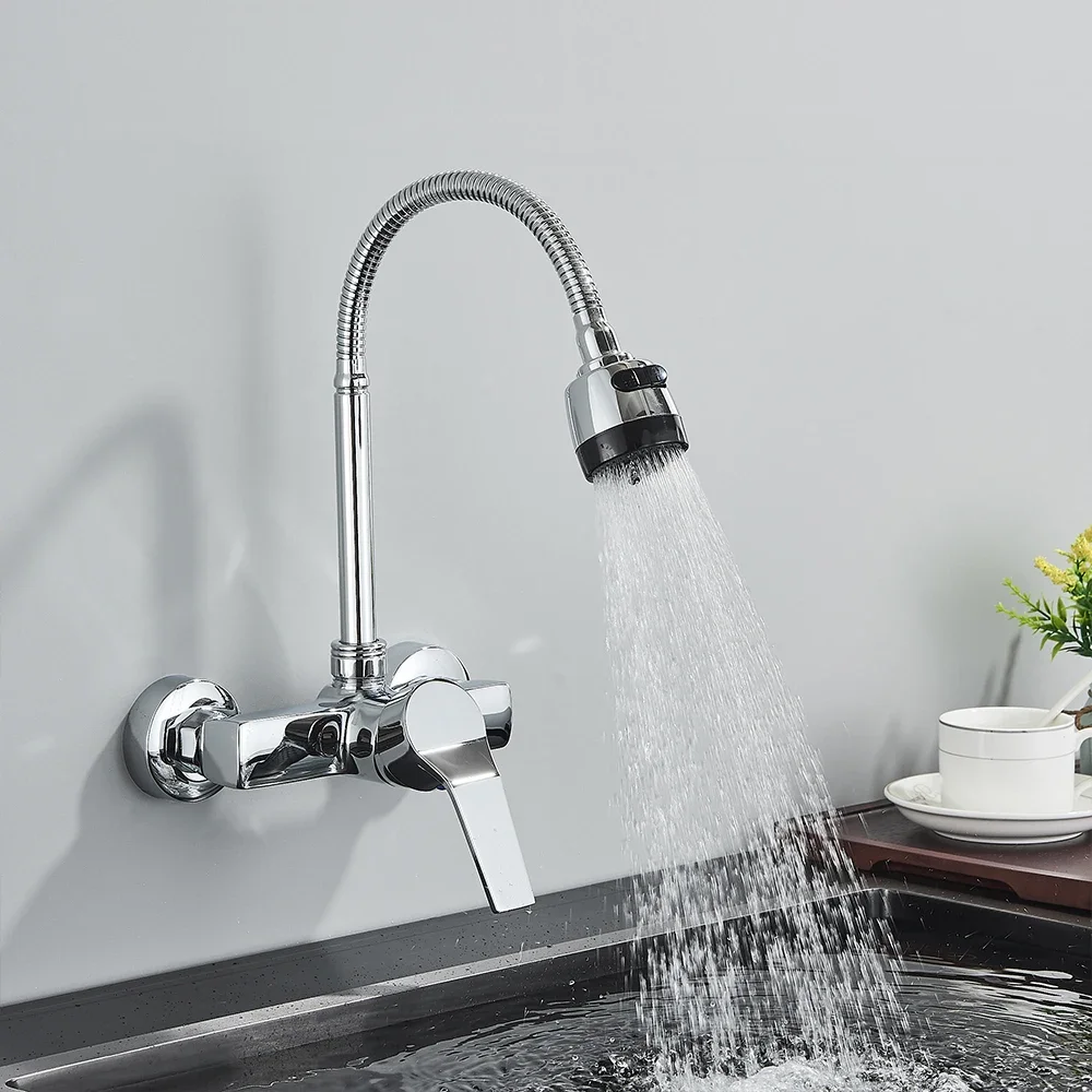 

Wall Mounted Two Hole Kitchen Faucet Lead Hot and Cold Mixing Tap Flow Spray Aerator 360 Degree Rotating