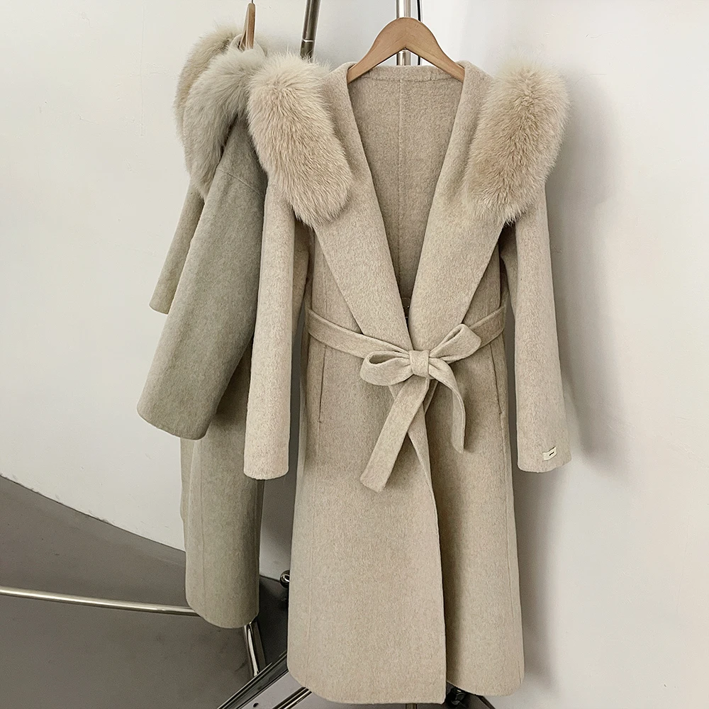 Women's Double Face Wool Coat Woolen Outerwear Warm Thick Fabric Old Money Style Office Wear Cold Season Fur Trim Loose Fit Coat