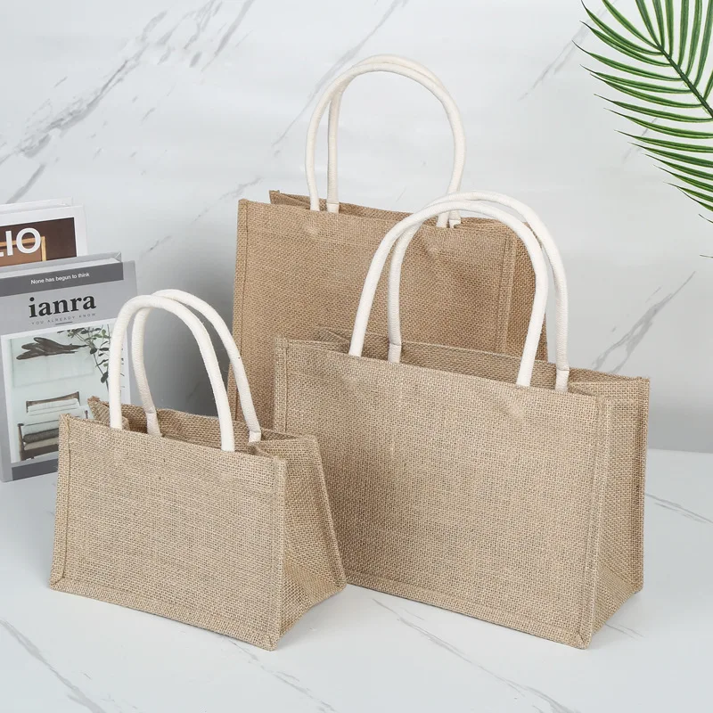 Cotton Rope Portable Linen Bag Retro Film Coated Coarse Linen Advertising Shopping Jute Bag Large Shopping Bag