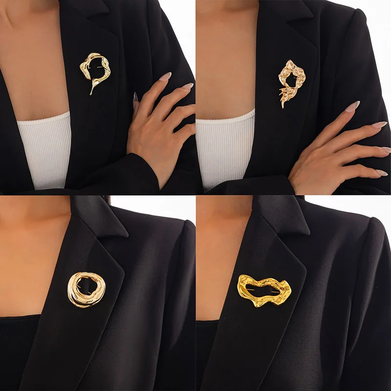 Vintage Metal Glossy Gold Silver Color Brooch for Women Exquisite Unique Fashion Suit Pins Party Jewelry Gifts