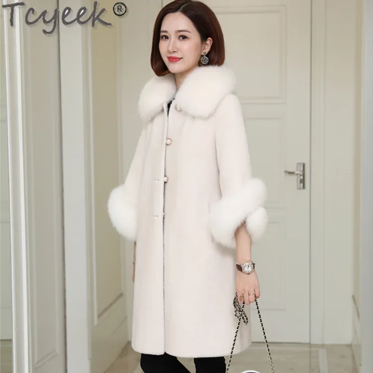 Tcyeek 100% Wool Coat Women Clothes Warm Fox Fur Collar Winter Women's Fur Jacket Mid-long Sheep Shearling Coats Пальто Женское