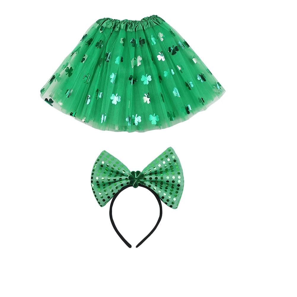 

1pc St. Patrick'S Day Women Sequins Bowknot Headband Elastic Waist Party Skirt Festival Costume Dance Photography Green Clover