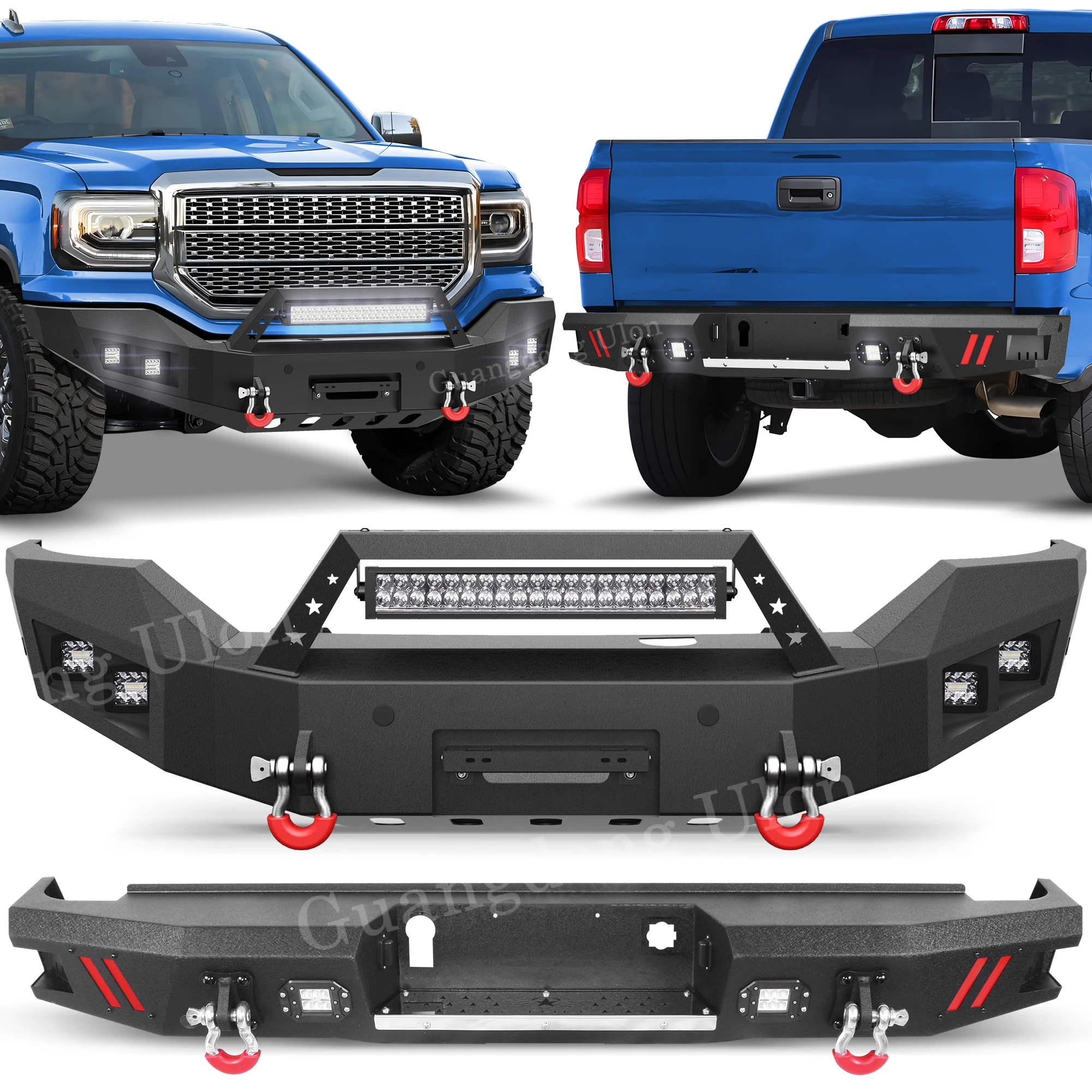 

Новый продукт: передний и задний бампер, совместимый с GMC Sierra 1500 2016-2018 гг., с пластиной лебедки, светодиодной подсветкой и D-образными кольцами