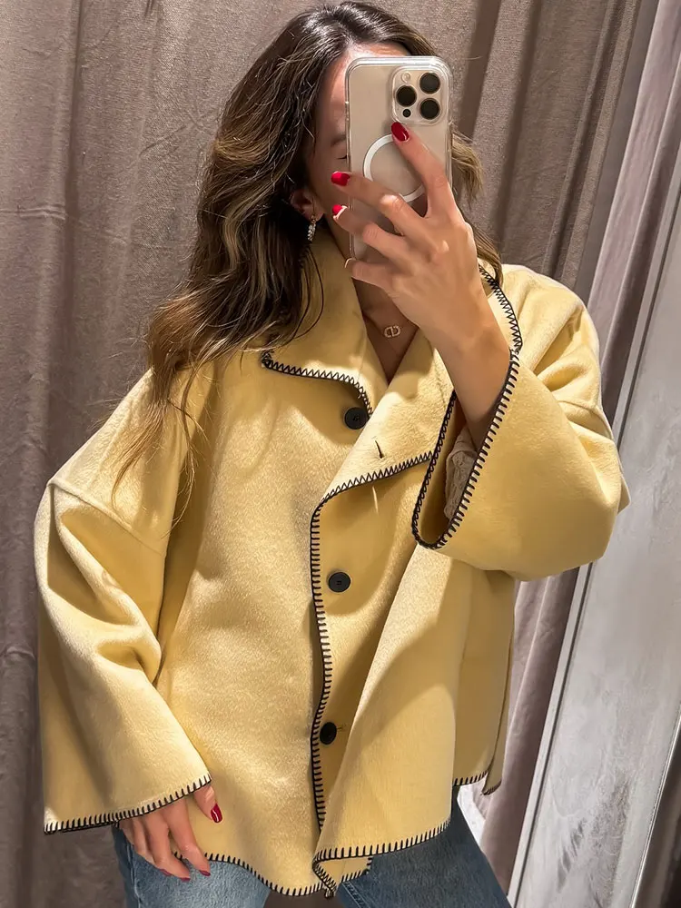 

HH 2025 Female Autumn Fashion Coats Long Sleeve Single-breasted Topstitched Turtleneck Casual Coat Wintern Elegant Outerwear