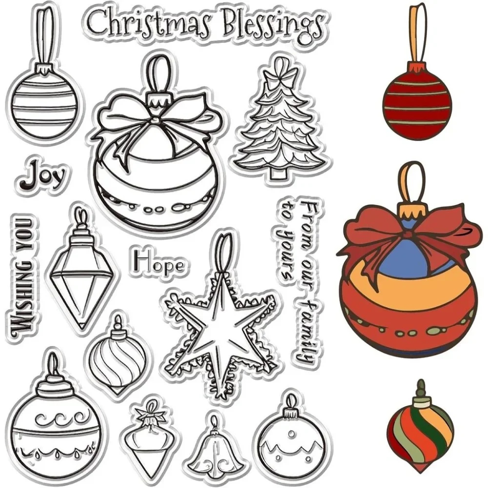 Merry Christmas Clear Rubber Stamps Christmas Bells Tree Colored Balls Reusable Transparent Stamp Seals for Xmas Winter DIY