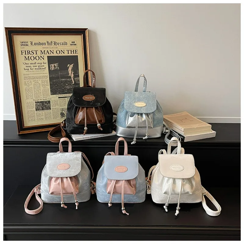 Double Shoulder Women's New Korean Version of Summer New Trend Contrasting Colors Niche Versatile Fashion Bucket Small Backpack