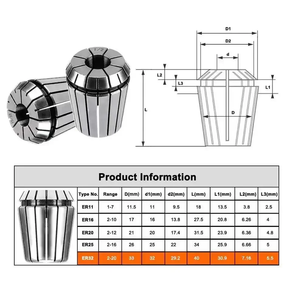 ER11 ER16 ER20 ER25 ER32 ER40 Set ER Spring Collet Chuck 0.015mm 0.008mm for CNC Milling Tool Holder Engraving Machine