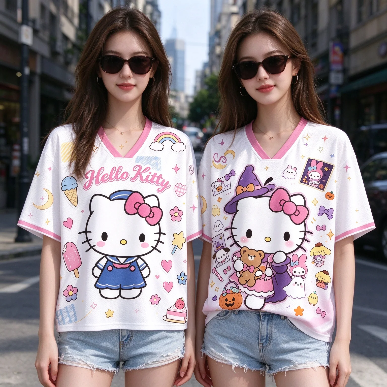 Hello Kitty New 3D Printed Cartoon V-Neck Mesh Jersey Cute Women Unisex T-shirt Casual Kawaii Fan Y2K Oversized Streetwear Top