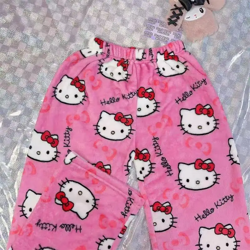 Kawaii Sanrio Hello Kitty Plush Pajamas Pants Anime Cartoon Kuromi Print Pajamas Casual Soft Comfortable Cute Girl Home Wear