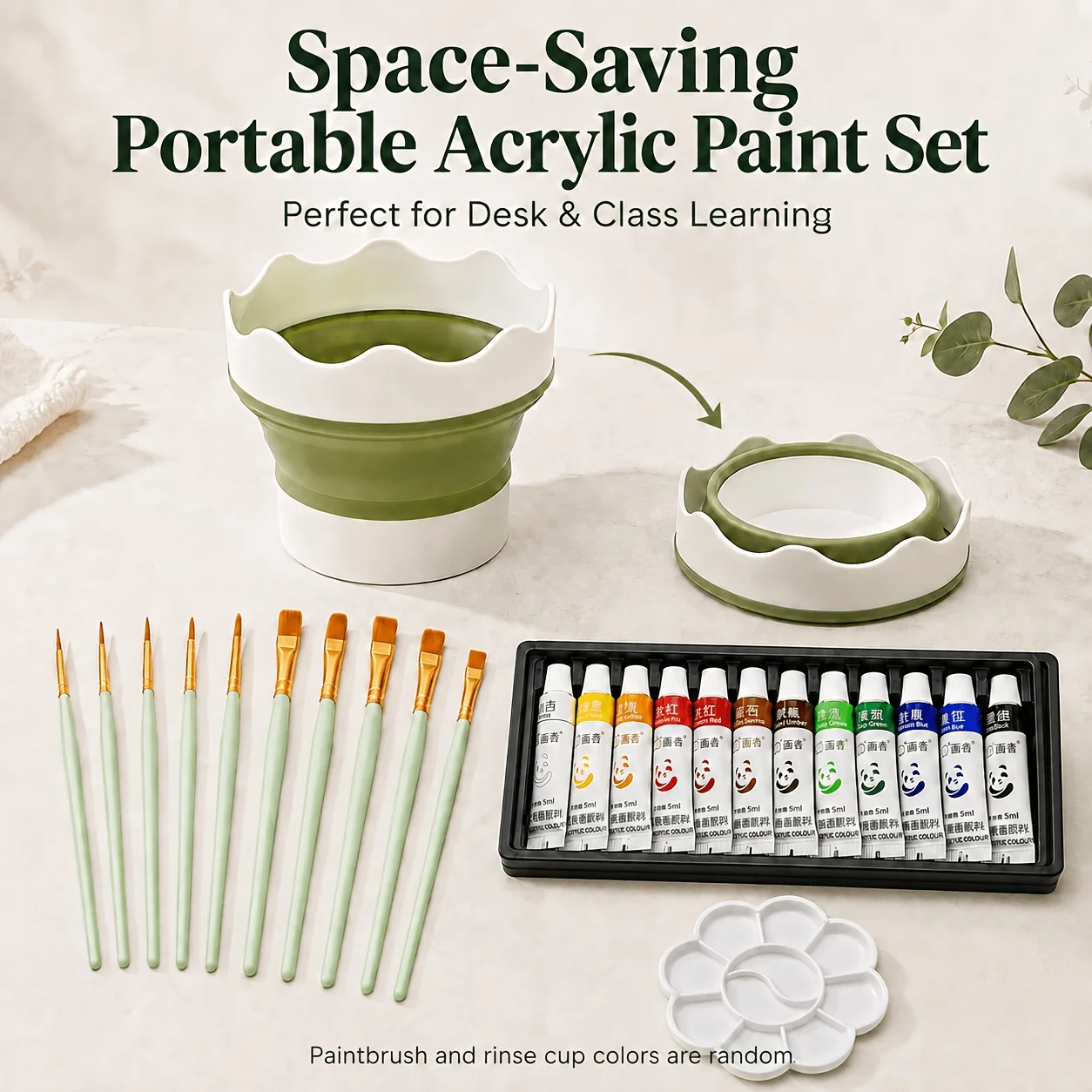 Portable Acrylic Paint Set 12‑Color with Brushes Collapsible Brush Washer and Palette Pigments Art Kit for Beginner&Student