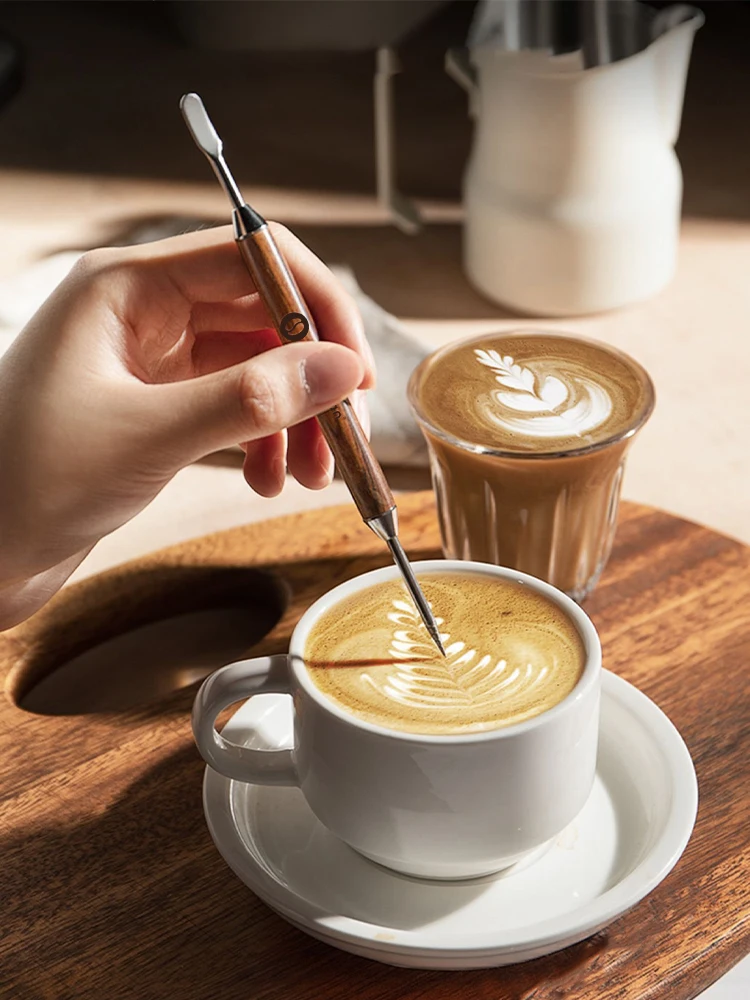 SearchPean Coffee Art Needles Cappuccino Espresso Coffee Decorating Wooden Handle Tamper Creative Pull Flower Needle Gift