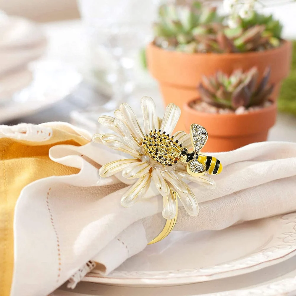 AT05-Set Of 12 Daisy Sunflower Napkin Rings, Gold Bee Napkin Ring Holders For Formal Or Casual Dinning Table Decor