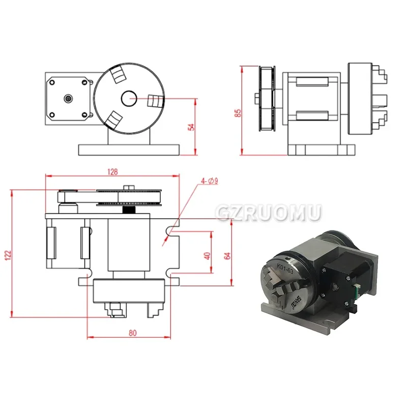 Eixo rotativo CNC com mandril, cabeça divisória de controle numérico, assento traseiro do dedal, 4 ° eixo, 65mm