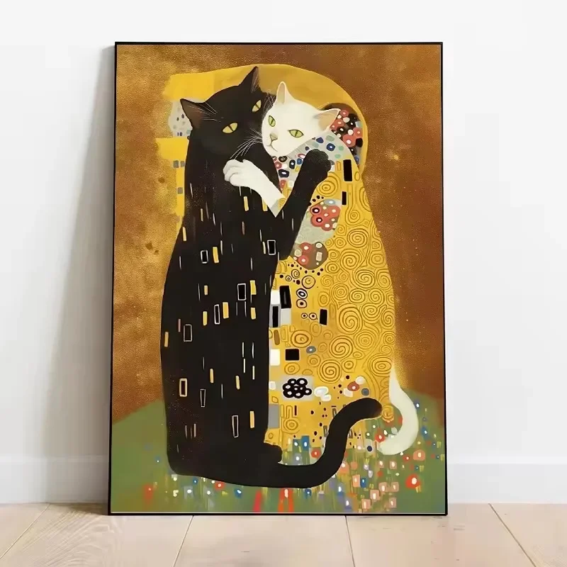Oil Painting by Number Kit Funny Cat Klimt Kiss Style Golden Mosaic Canvas Wall Art for Adults DIY Home Decor Gift